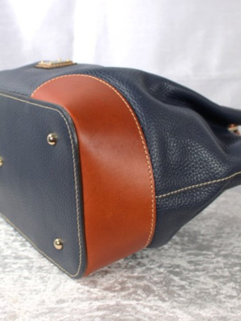 Dooney & Bourke Pebble Grain Leather Satchel Navy & British Tan Crossbody Bag - Picture 8 of 11